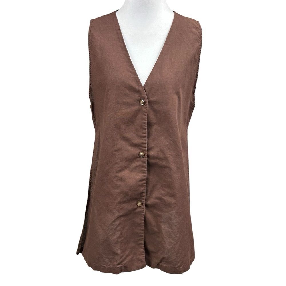 Commense V Neck Linen Cotton Blend Side Vent Minimalist Vest Top Sz L Brown